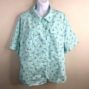 CJ Banks Camp Shirt Top Womens 1X Bird Print Colorful Button Up Crisp Travel